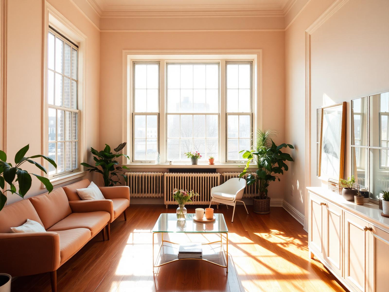 Sunlit New York interior with soft peach walls